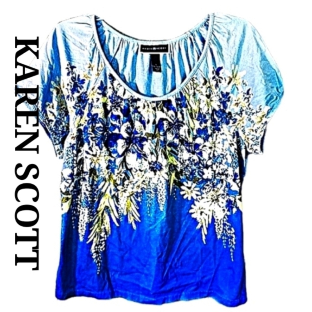 Karen Scott Blue Floral Shirt Top Embellished Short Sleeve Cotton Blouse Sz. L